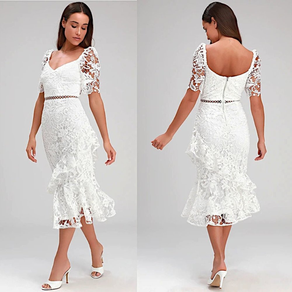 Lulus Briarwood Vintage Inspired Lace Ruffled Midi Bodycon Dress w/V-Neck - XS